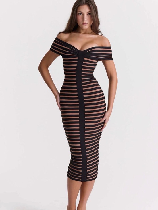 House of CB Dresses & Skirts - Off-Shoulder Black & Nude Striped Bandage Dress